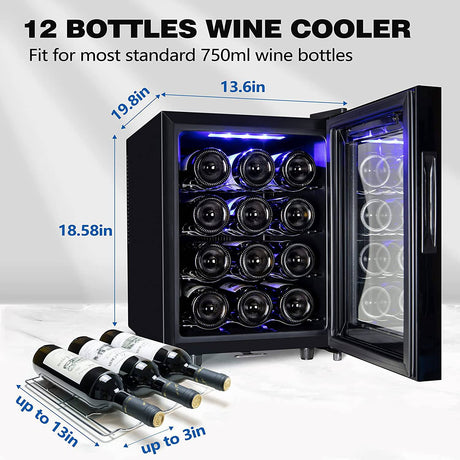 MILADRED - Refrigerador enfriador de vino de 12 botellas, refrigerador de vino independiente con cerradura y puerta de vidrio de control de temperatura digital, mini gabinete de vino - DIGVICE MX
