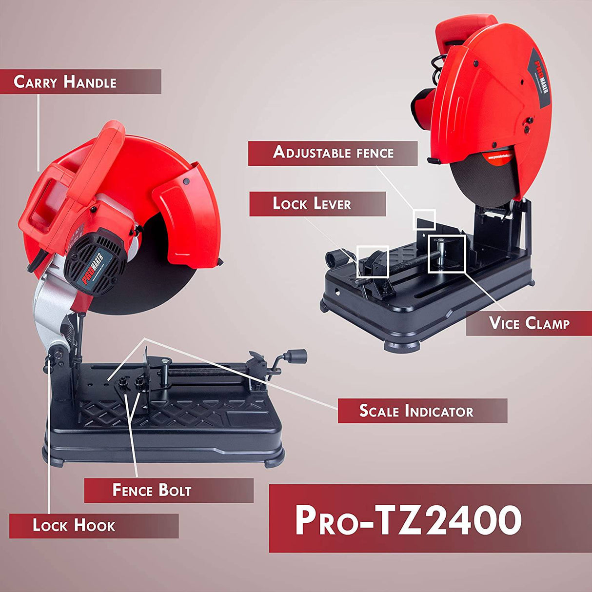 PROMAKER, sierra tronzadora para trabajo pesado de 14 pulgadas, 20 AMP 2400W 40000RPM, para metal ajustable de 0 a 45°, sierra de corte de diámetro de hoja, corte de hoja de metales pesados, sierra ingletadora para cortar metal, PRO-TZ2400 - DIGVICE MX