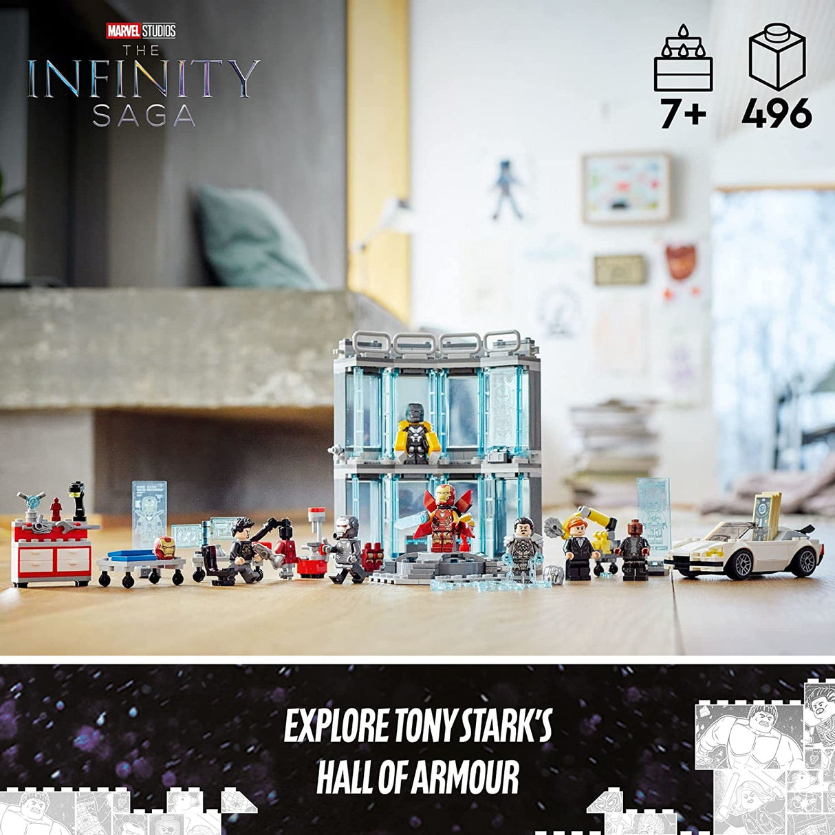 LEGO Marvel Iron Man Armory 76216 Juego de juguetes de construcción para niños, niños y niñas a partir de 7 años (496 piezas)