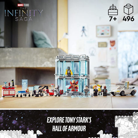 LEGO Marvel Iron Man Armory 76216 Juego de juguetes de construcción para niños, niños y niñas a partir de 7 años (496 piezas)