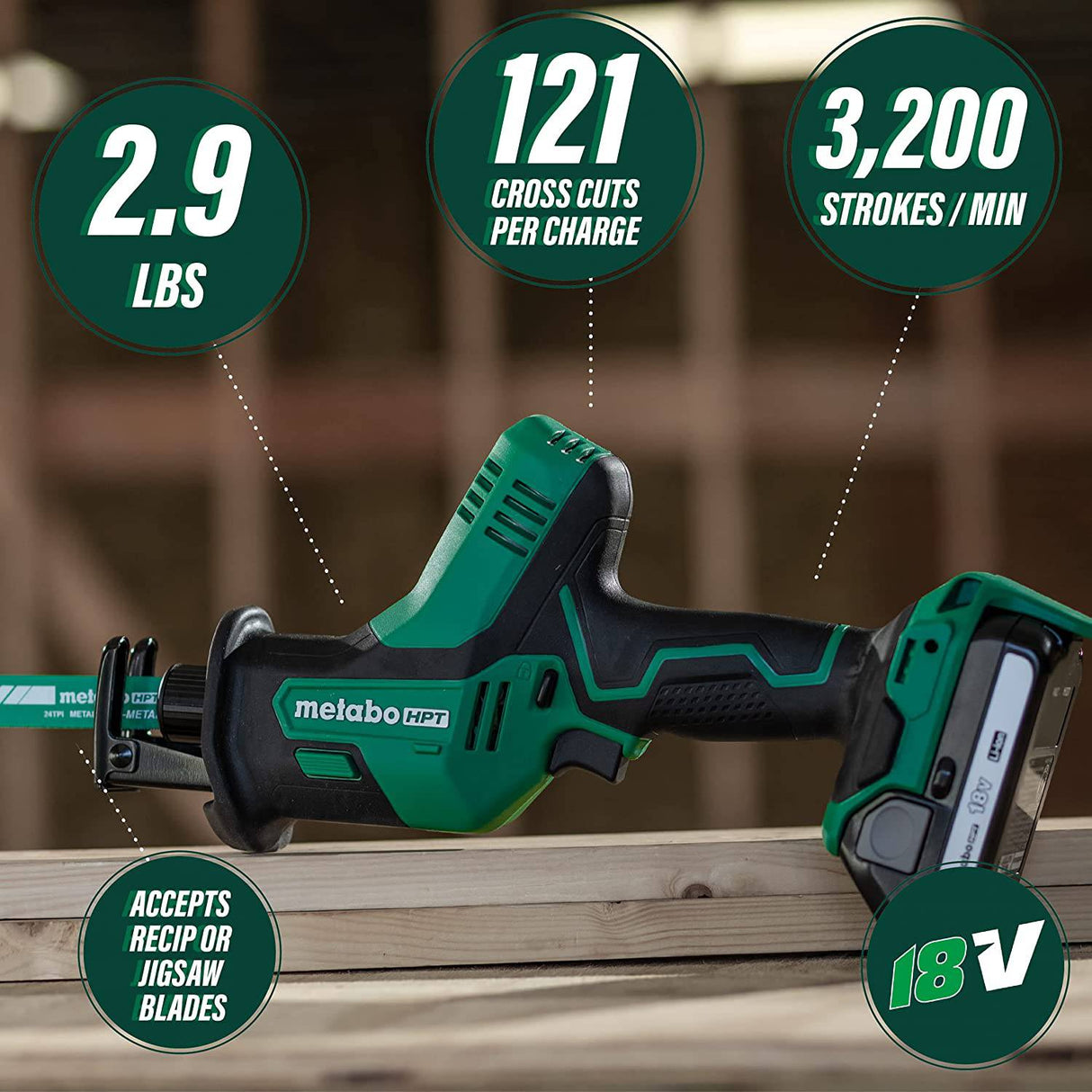 Sierra de sable a batería Metabo HPT 18V MultiVolt™ | Diseño con una sola mano | 3200 golpes por minuto | Acepta hojas de sierra de vaivén o caladora | CR18DAQ4 - DIGVICE MX