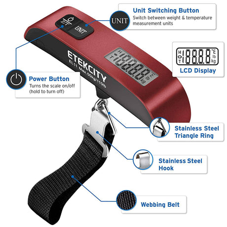 Etekcity - Báscula para equipaje, peso de maleta de mano portátil digital para viajes con pintura de goma, sensor de temperatura, 110 libras, batería incluida