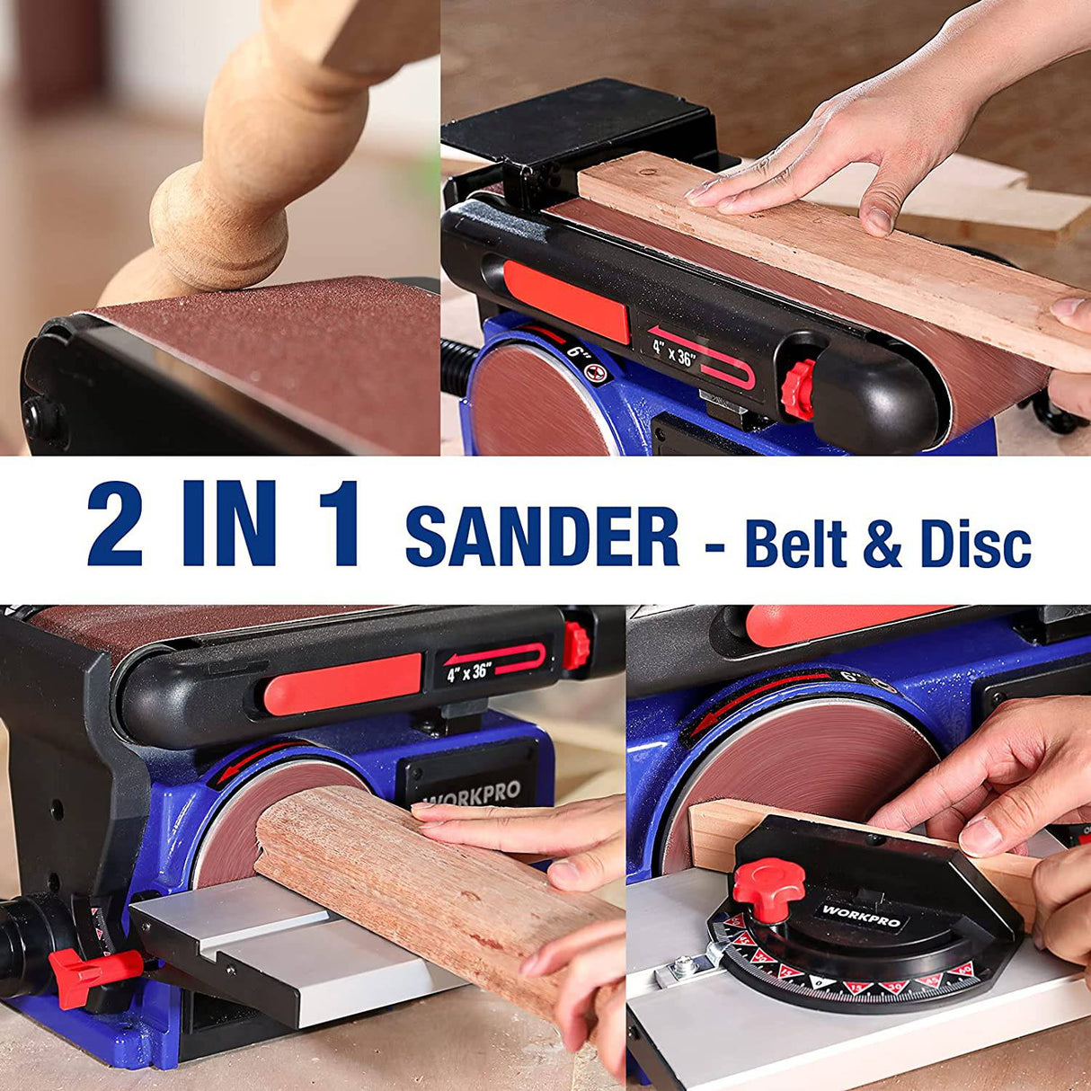 Lijadora de disco de banda WORKPRO, 4 pulg. x 36 pulg. Lijadora de banda y disco de 6 pulg. con 6 piezas de papel de lija, base de hierro fundido para lijar carpintería, decoración de bricolaje - DIGVICE MX
