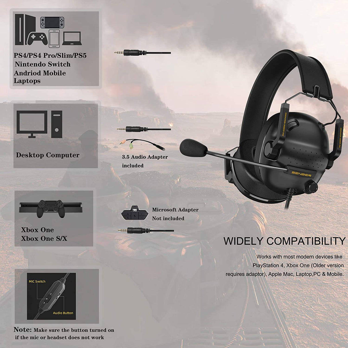 SENZER SG500 Surround Sound Pro Gaming Headset con micrófono con cancelación de ruido - Almohadillas de espuma viscoelástica desmontables - Auriculares plegables portátiles para PC, PS4, PS5, Xbox One, Switch