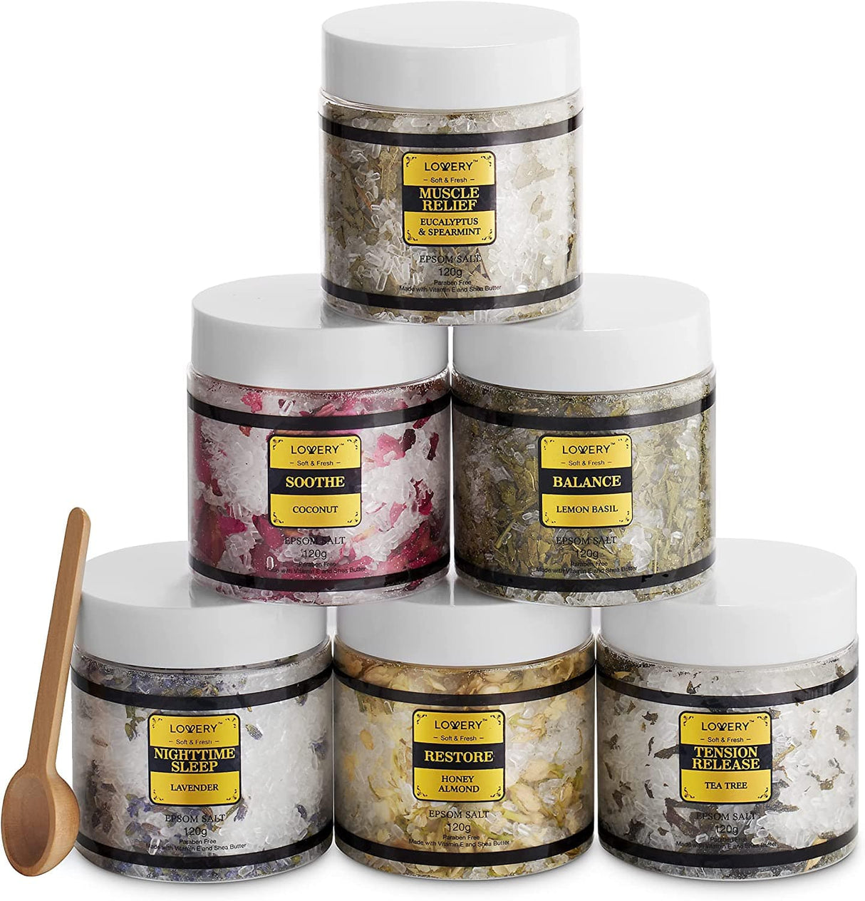 Lovery - Juego de regalo de sales de baño de Epsom, sal de spa relajante con aceites esenciales, baños de burbujas, lavanda, menta verde de eucalipto, albahaca de limón, coco, árbol de té, sal de Epsom de miel y almendras