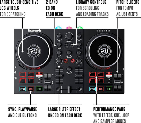 Numark Party Mix II - Controlador de DJ con luces de fiesta, set de DJ con 2 decks, mezclador de DJ, interfaz de audio y conectividad USB + Serato DJ Lite