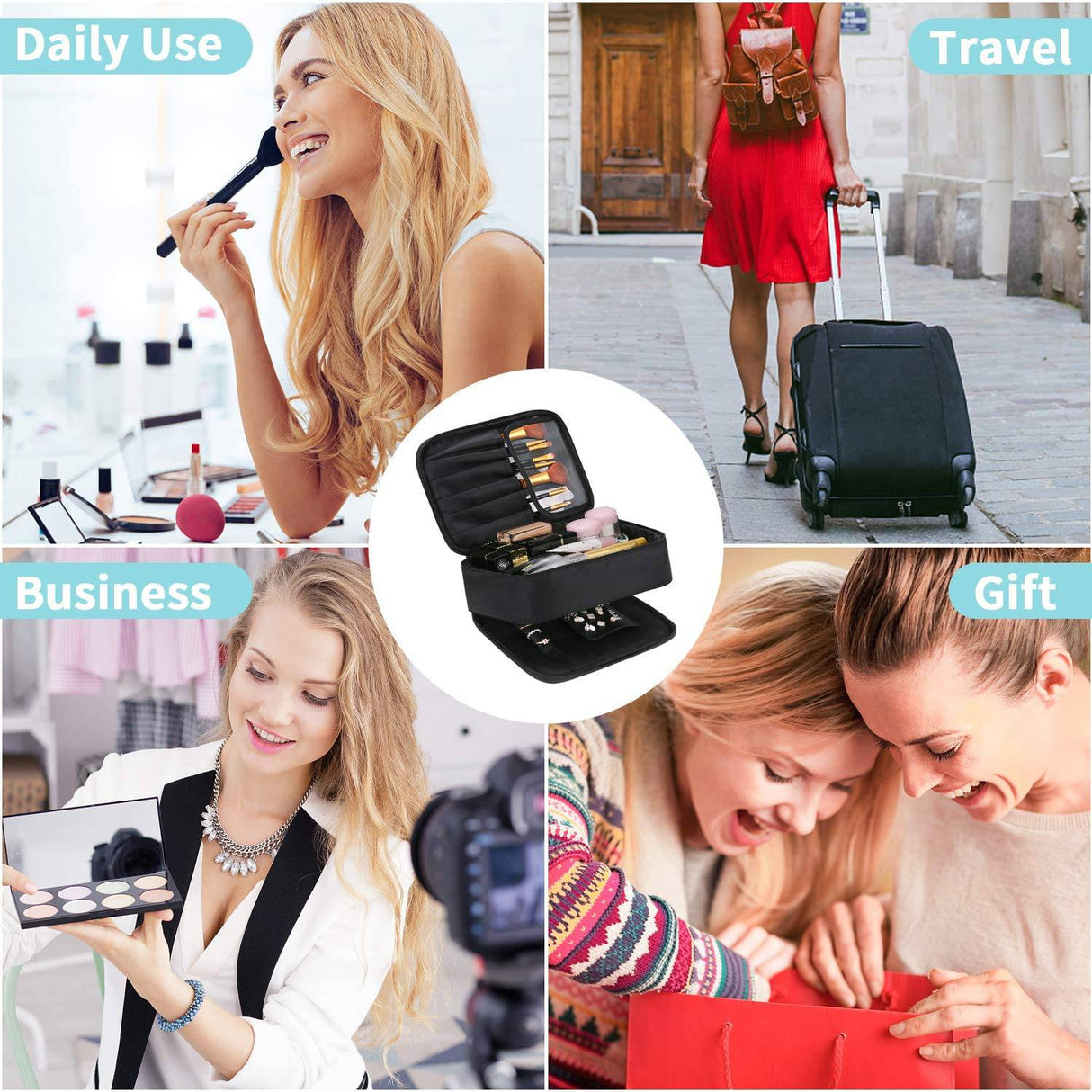 DIMJ - Maletin de maquillaje y joyero para mujer, organizador de viaje 2 en 1 con compartimentos, portátil, resistente al agua, para cosméticos, brochas, collares, pendientes, pulseras, artículos de tocador (negro)