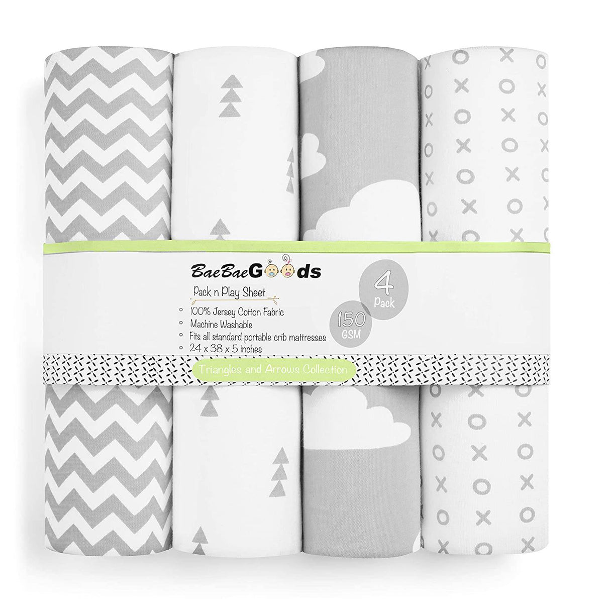 BAEBAE GOODS - Premium Pack and Play Sheets Paquete de 4 - Sábanas de colchón 100% súper suave de punto jersey de algodón - Sábana bajera portátil para cuna para niño y niña (24 x 38 x 5) - DIGVICE MX
