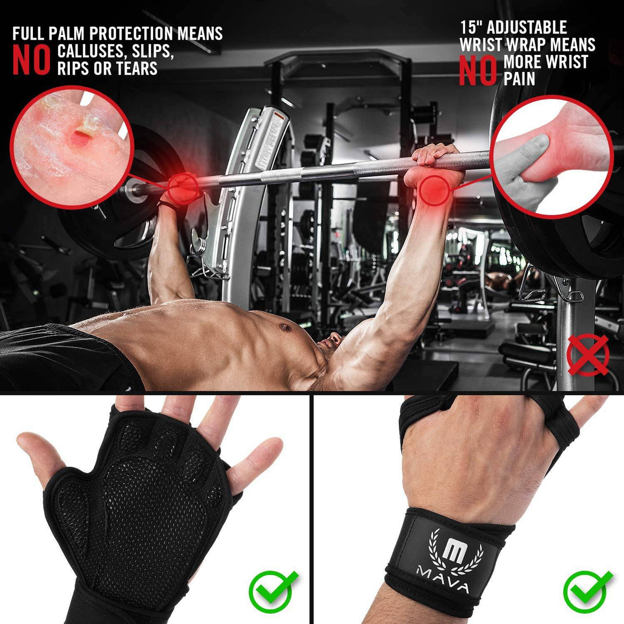 Mava Sports - Guantes de entrenamiento ventilados con muñequeras integradas y acolchado de silicona en toda la palma Agarre adicional