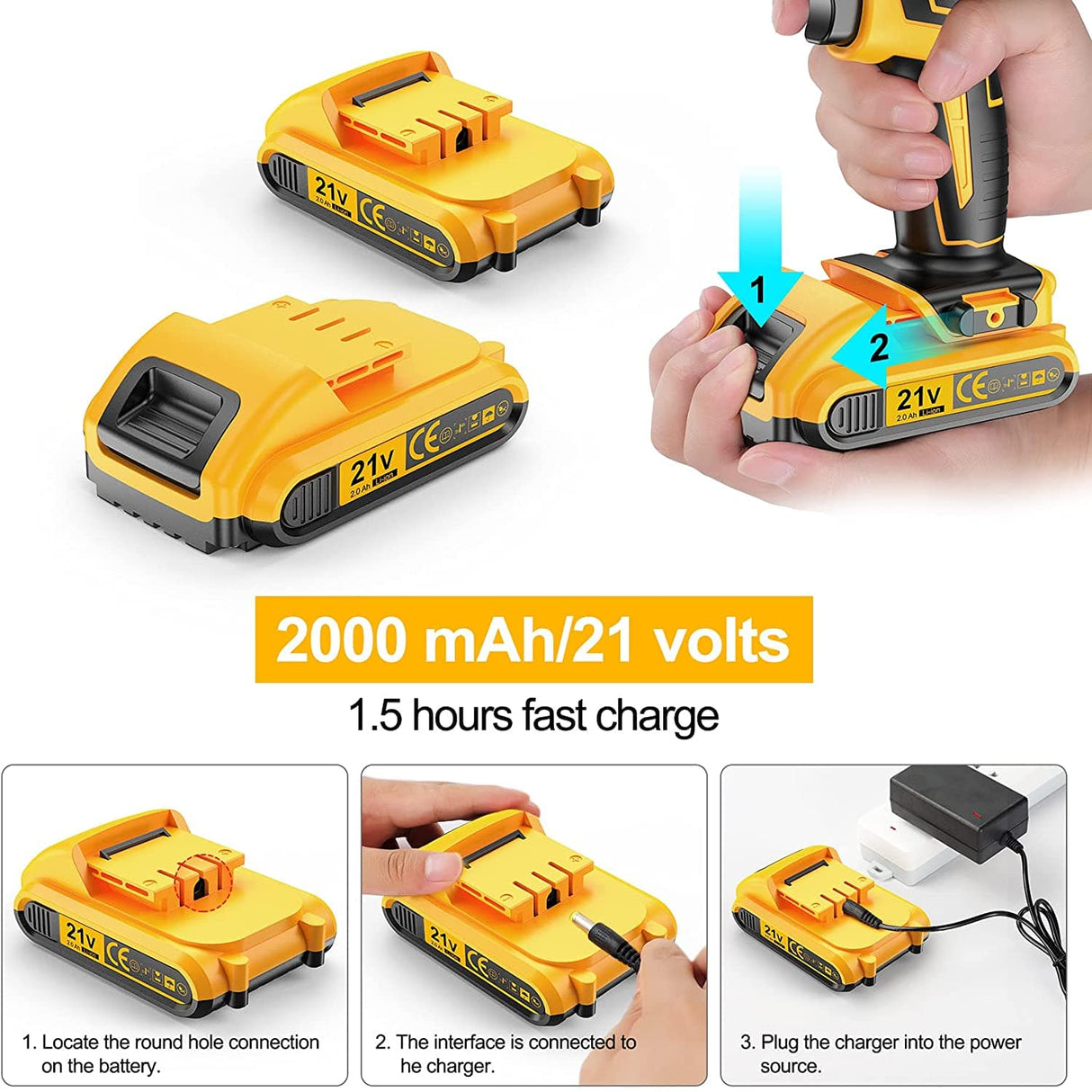 JayLene Juego de brocas inalámbricas de 21 V, taladro eléctrico 59 piezas con portabrocas sin llave de 3/8 pulgadas, taladro eléctrico de embrague 25 3 con luz de trabajo, par máximo 45 Nm, velocidad variable 2 y 2 baterías y cargador rápido - DIGVICE MX
