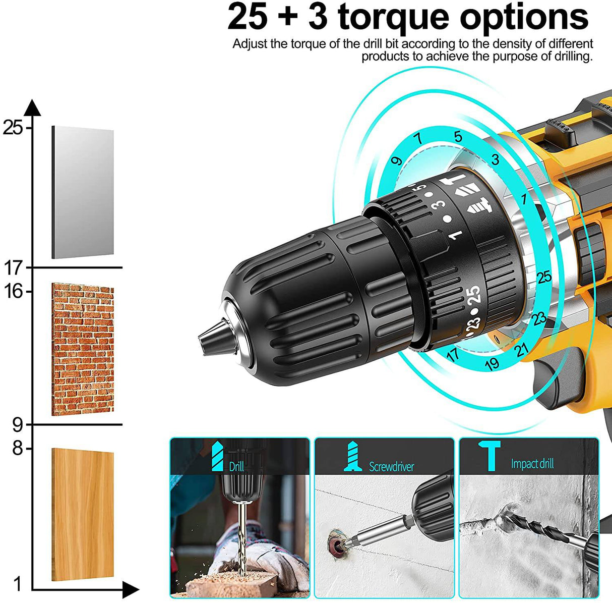JayLene Juego de brocas inalámbricas de 21 V, taladro eléctrico 59 piezas con portabrocas sin llave de 3/8 pulgadas, taladro eléctrico de embrague 25 3 con luz de trabajo, par máximo 45 Nm, velocidad variable 2 y 2 baterías y cargador rápido - DIGVICE MX