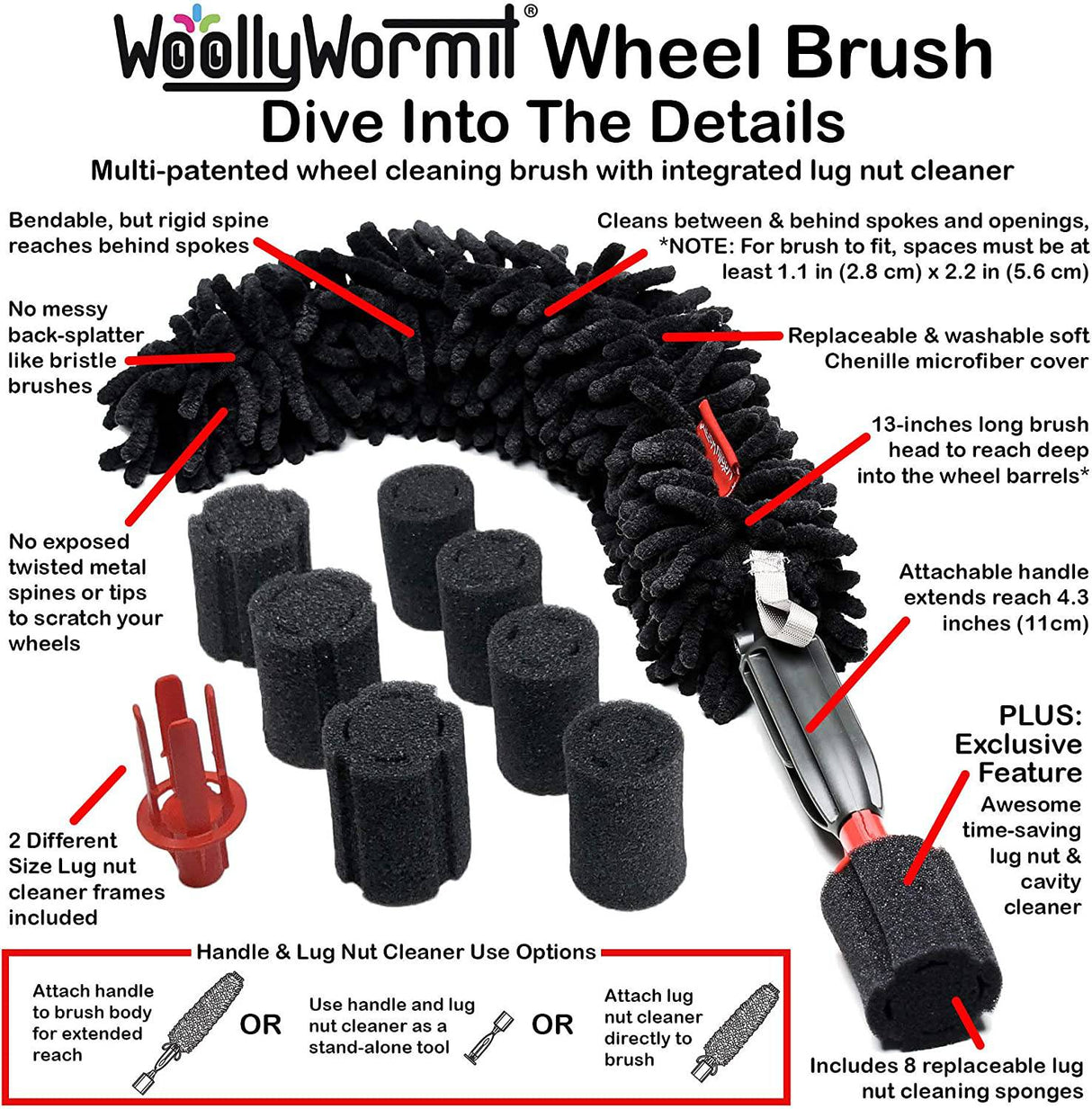 WOOLLYWORMIT Kit de detalles para cepillos de ruedas para autos - Kit de lavado de autos para tuercas de llanta y limpiador de ruedas - Kit de limpieza para autos - Suministros de limpieza para autos - Juego de cepillos para lavado de autos