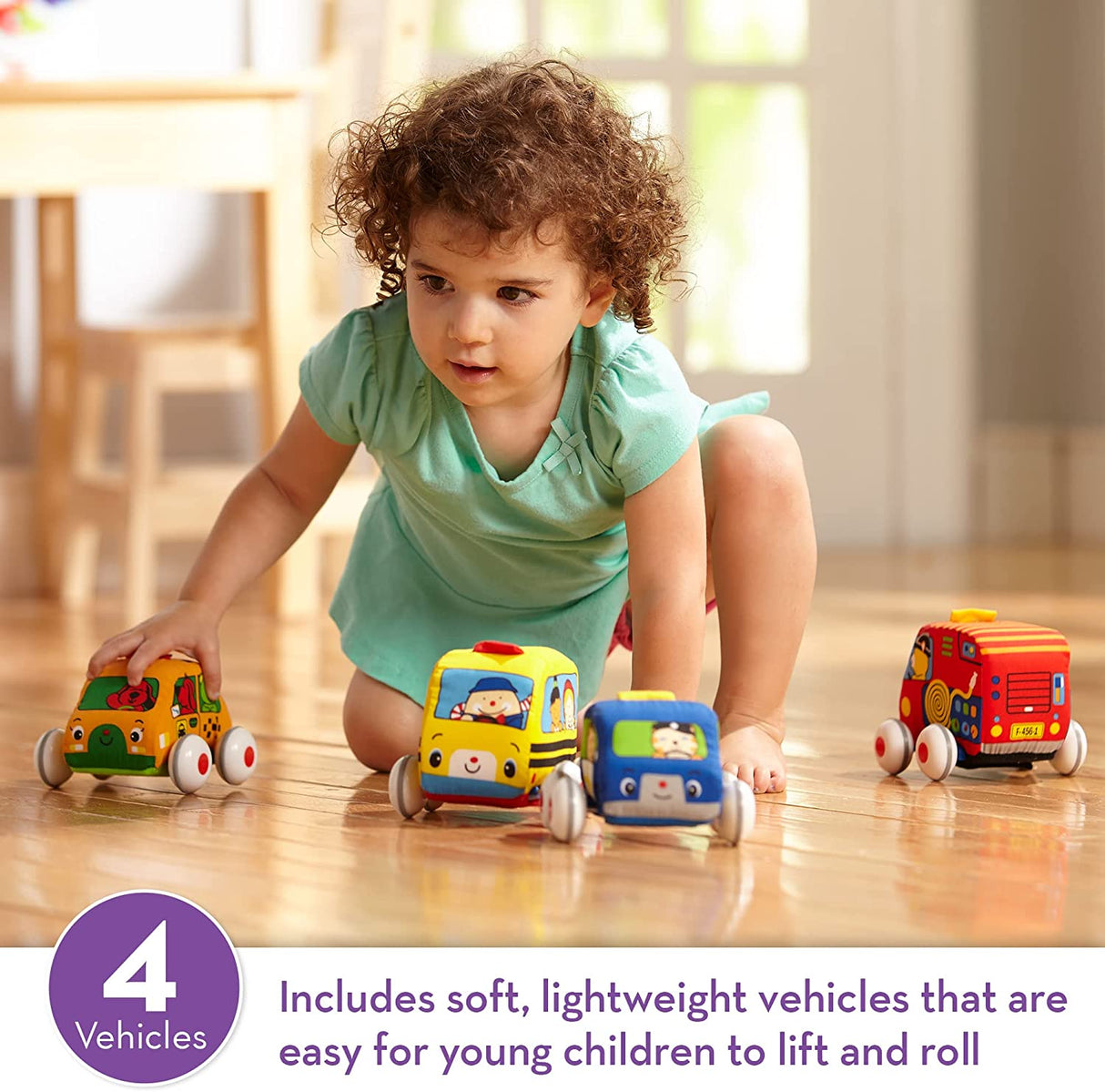 Melissa & Doug K's Kids Pull-Back Vehicle Set - Juego de juguetes suaves para bebés con 4 autos y camiones y estuche de transporte - 9168