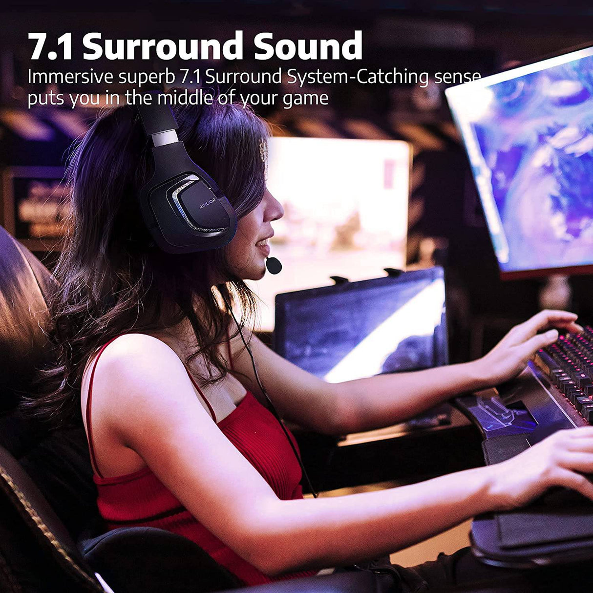 AIHOOR Auriculares para juegos con cable con sonido envolvente 7.1, micrófono desmontable, volumen en línea y control de silencio, luces LED RGB, orejeras de proteína, auriculares ligeros sobre la oreja para PC, consola PS4/PS5 (enchufe USB)