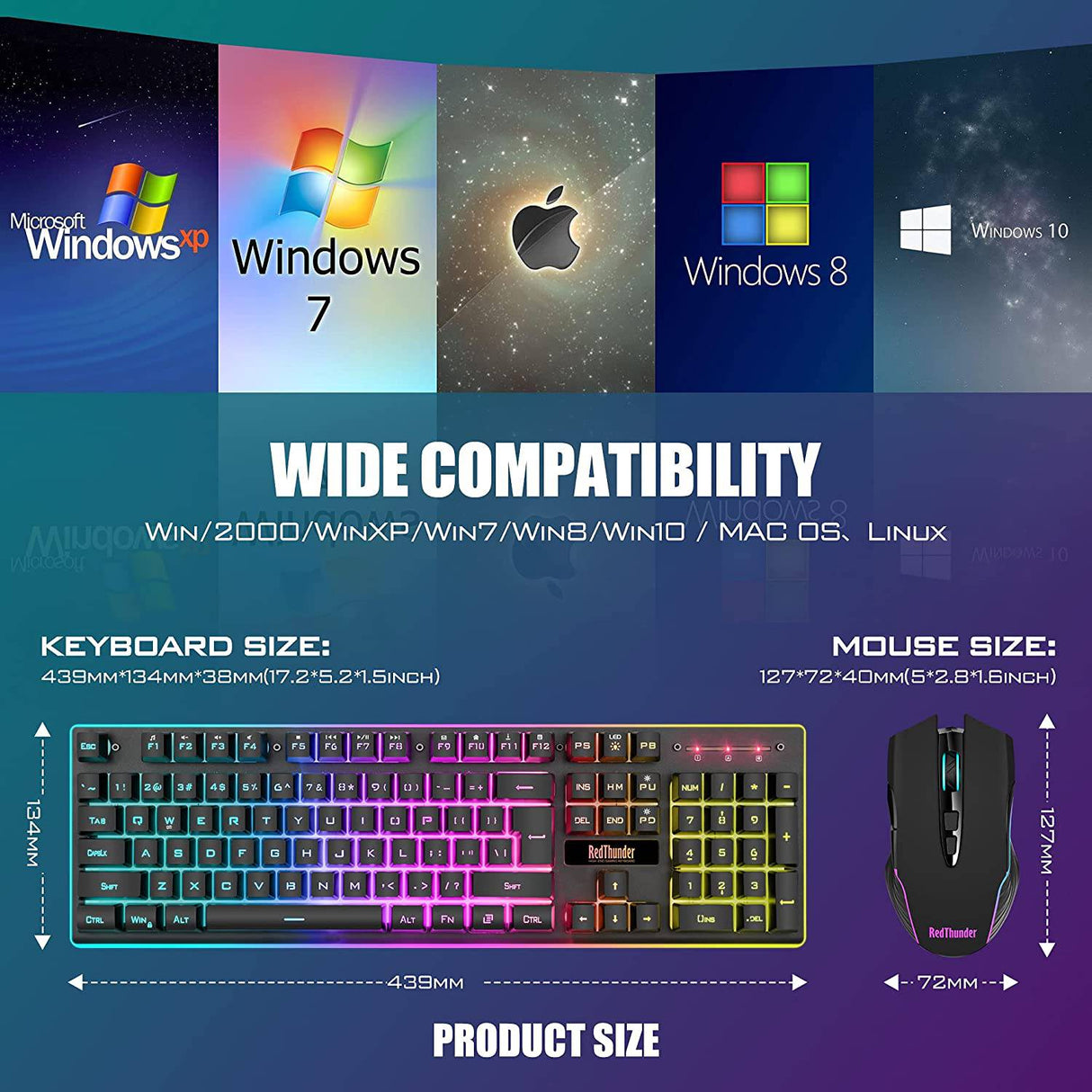 RedThunder K10 Combo de teclado y mouse inalámbricos para juegos, batería recargable con retroiluminación LED de 3800 mAh, teclado mecánico anti-fantasma + ratones 7D 3200DPI para PC Gamer (negro)
