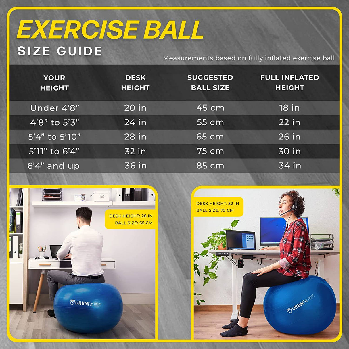 URBNFit - Pelota de ejercicio - Pelota de yoga para entrenamiento, estabilidad en el embarazo - Pelota de equilibrio suiza AntiBurst con bomba - Silla de pelota de fitness para oficina, gimnasio en casa