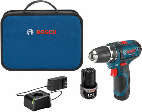 BOSCH Power Tools Drill Kit - PS31-2A - 12V, 3/8 pulgadas, destornillador de dos velocidades, juego de taladro inalámbrico - Incluye dos baterías de iones de litio, cargador de 12V, puntas de destornillador y bolsa de transporte suave, azul - DIGVICE MX