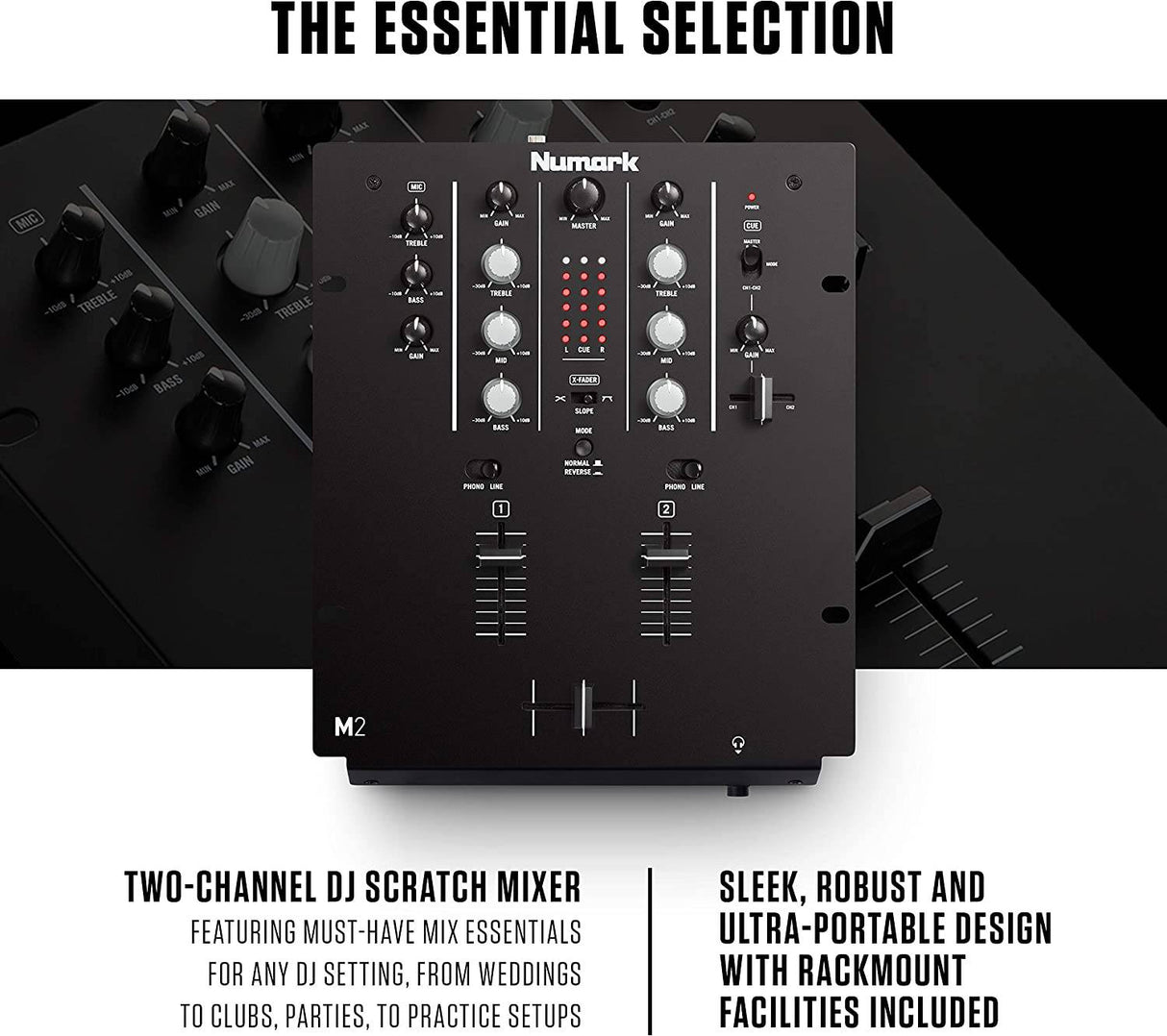 Numark M2 - Mezclador Scratch DJ de 2 canales, montaje en rack con ecualizador de 3 bandas, entrada de micrófono y crossfader reemplazable con controles de inversión y pendiente