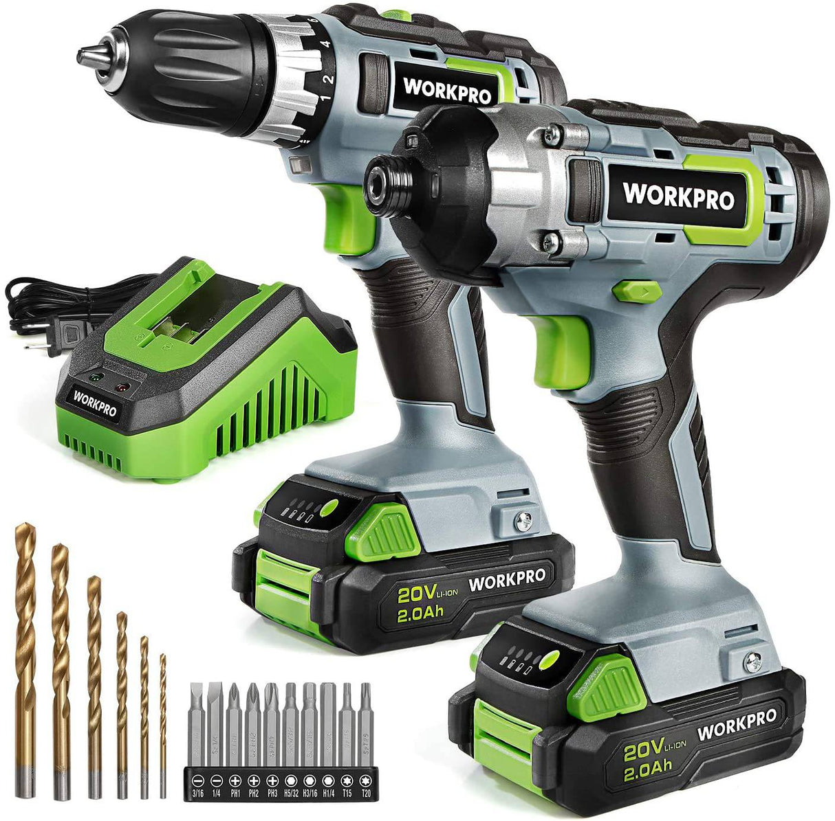 WORKPRO - Juego de taladro inalámbrico de 20 V, taladro y atornillador de impacto, con 2 baterías de 2 Ah y cargador rápido de 1 hora - DIGVICE MX