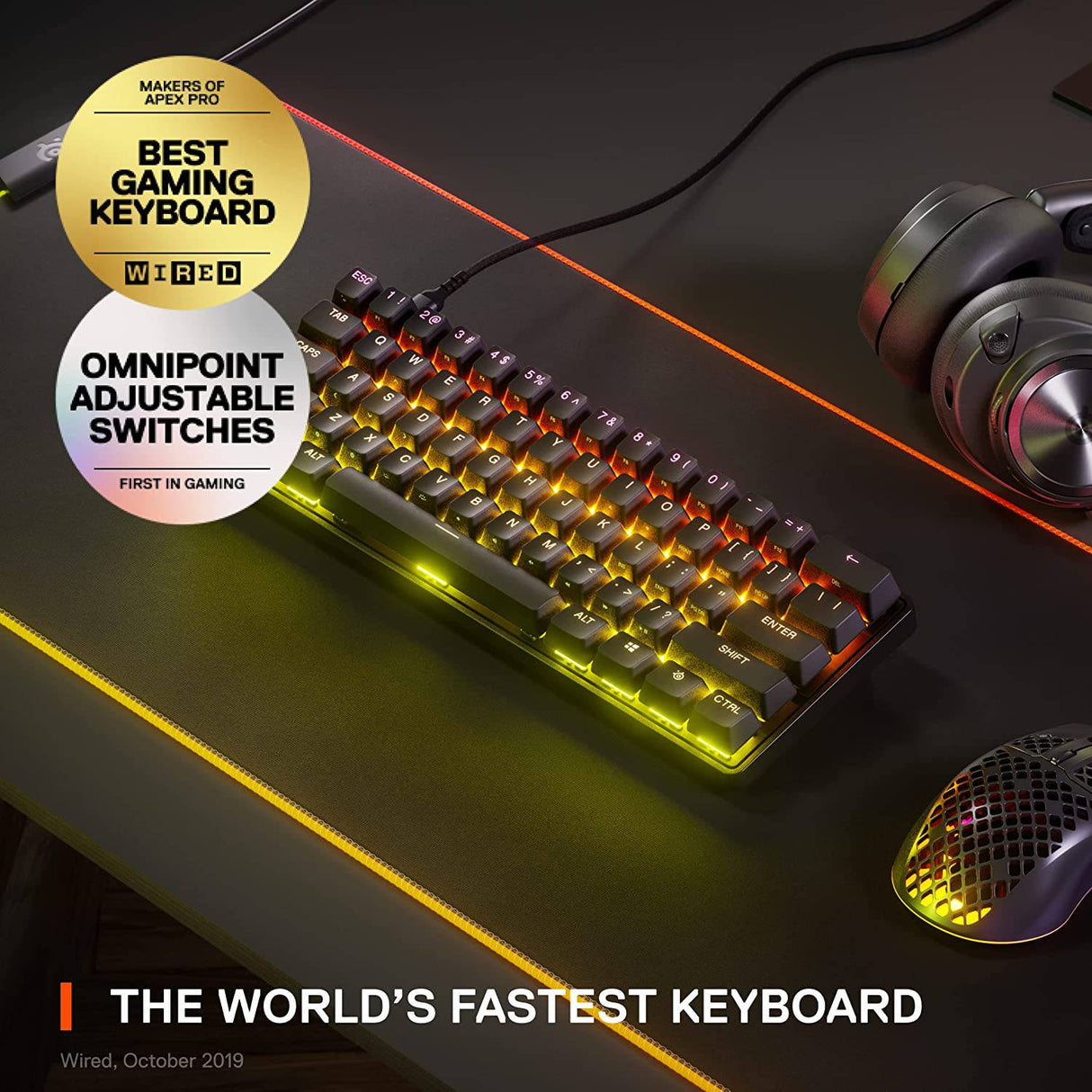 SteelSeries Apex Pro Mini Teclado mecánico para juegos – El teclado más rápido del mundo – Actuación ajustable – Factor de forma compacto del 60 % – RGB – Teclas PBT – USB-C