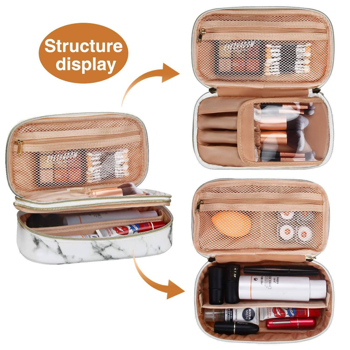 Relavel - Estuche de maquillaje 2 capas para brochas de maquillaje (patrón de mármol blanco)