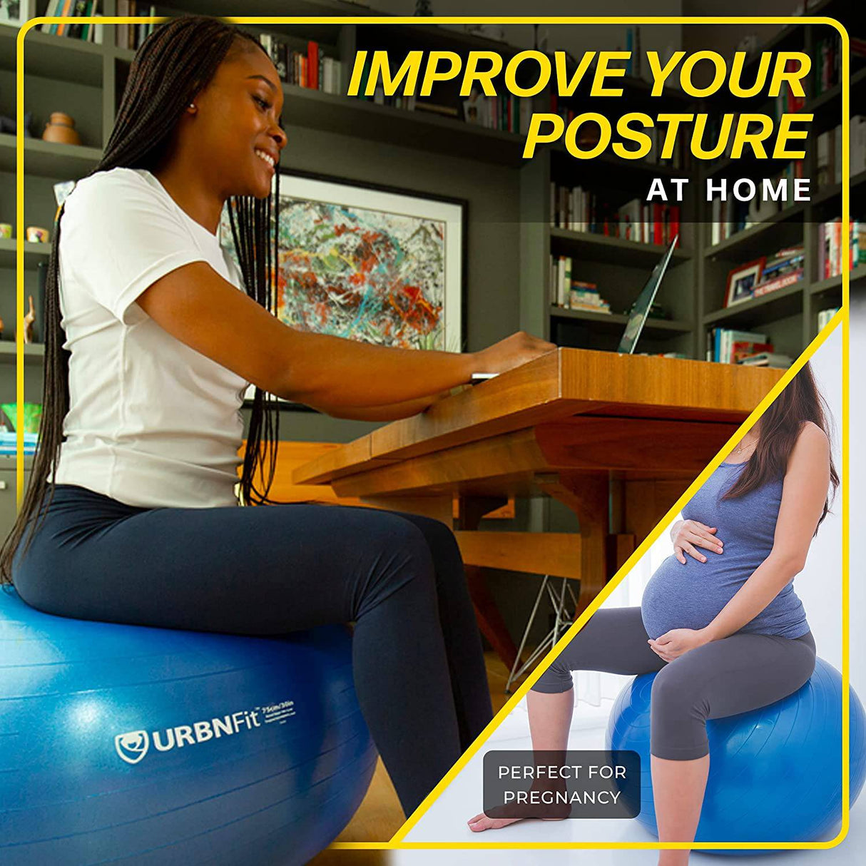 URBNFit - Pelota de ejercicio - Pelota de yoga para entrenamiento, estabilidad en el embarazo - Pelota de equilibrio suiza AntiBurst con bomba - Silla de pelota de fitness para oficina, gimnasio en casa