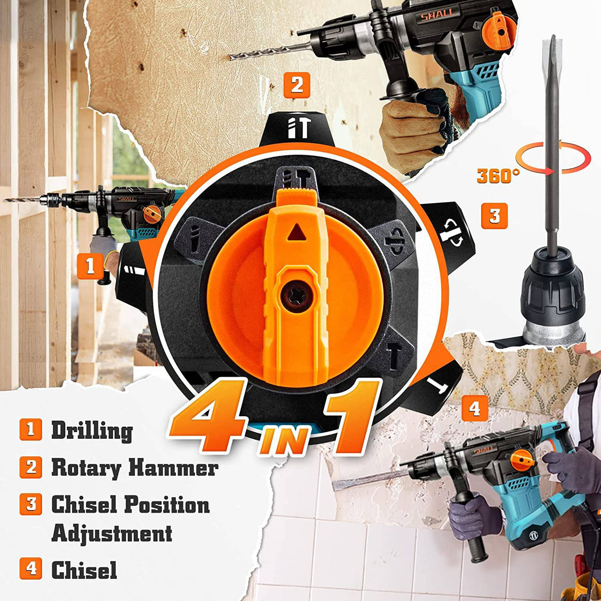 SHALL Taladro de martillo rotatorio de alta resistencia SDS-Plus de 1-1/4 pulgadas, rotomartillo de 12,5 amperios, una perilla, 4 funciones con control de vibración, cincel plano, cincel de punta y 3 brocas incluidas, 950 RPM - DIGVICE MX