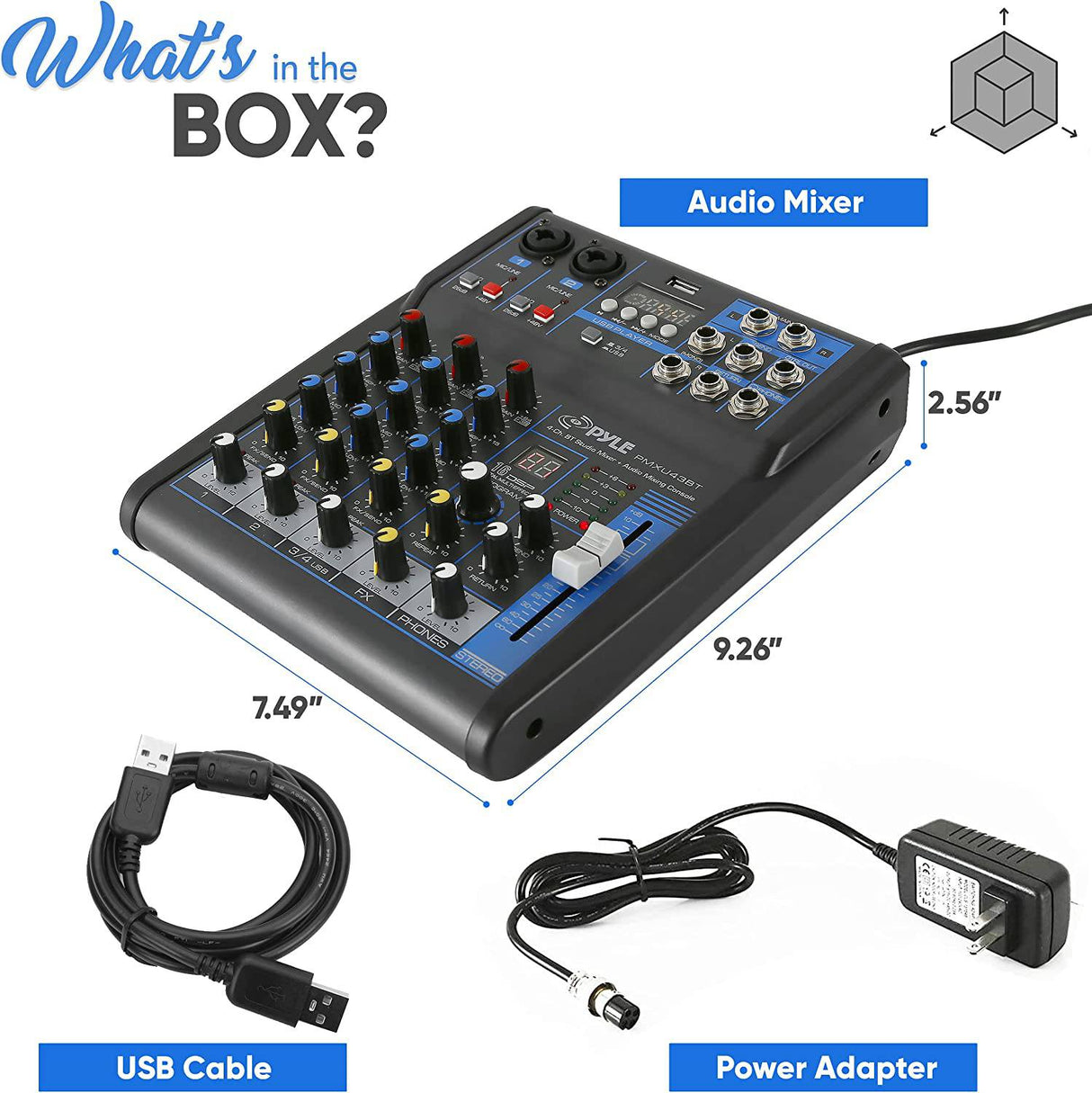 Pyle Mezclador de audio profesional Placa de sonido Interfaz de sistema de consola 4 canales Digital USB Bluetooth MP3 Entrada de computadora 48V Phantom Power Estéreo DJ Studio Streaming FX Procesador DSP de 16 bits-PMXU43BT