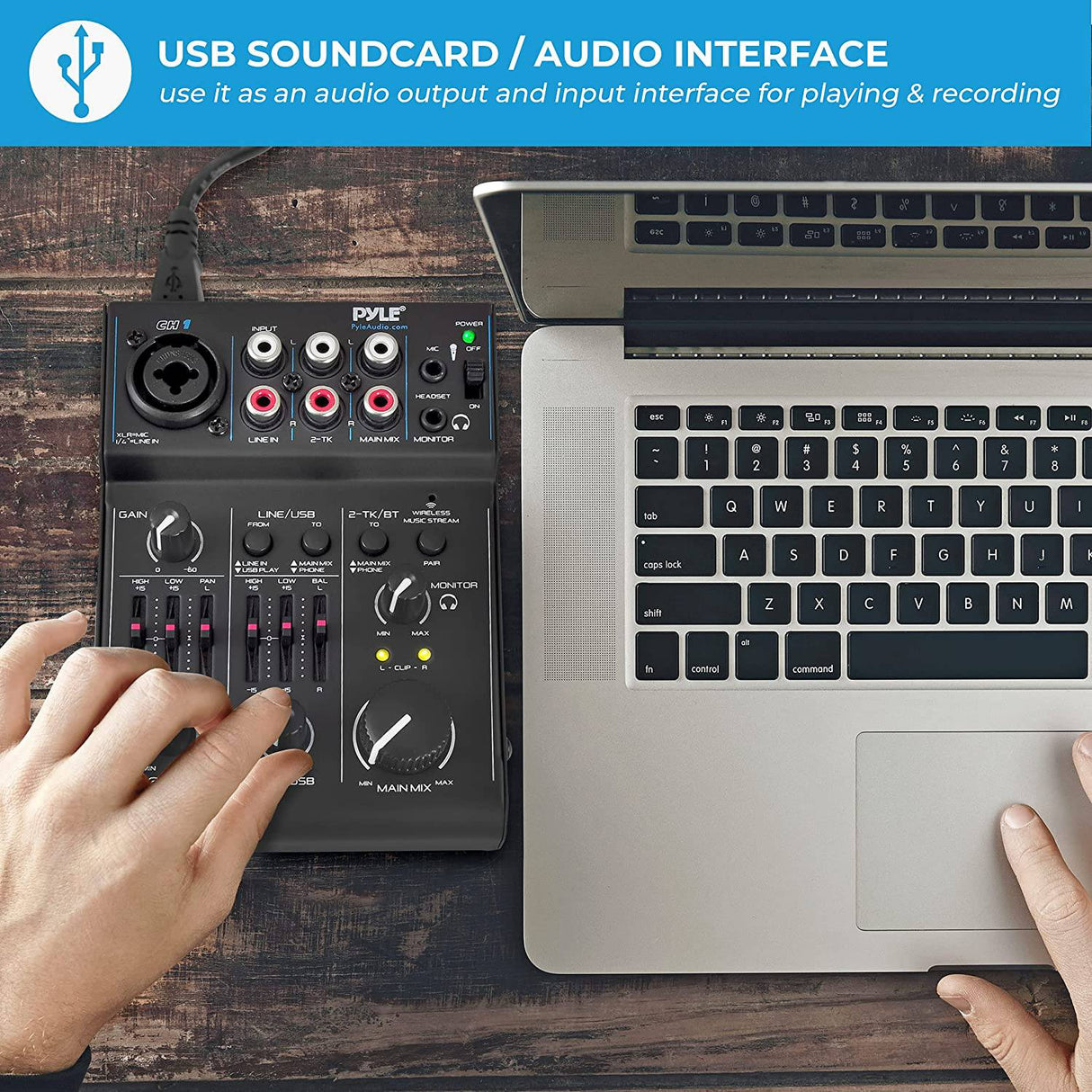 PYLE Mezclador de audio Bluetooth de 3 canales - Interfaz de controlador de sonido DJ, USB para grabación en PC, XLR, conector de micrófono de 3,5 mm, alimentación de 18 V, entrada/salida RCA para profesionales y principiantes - PAD30MXUBT