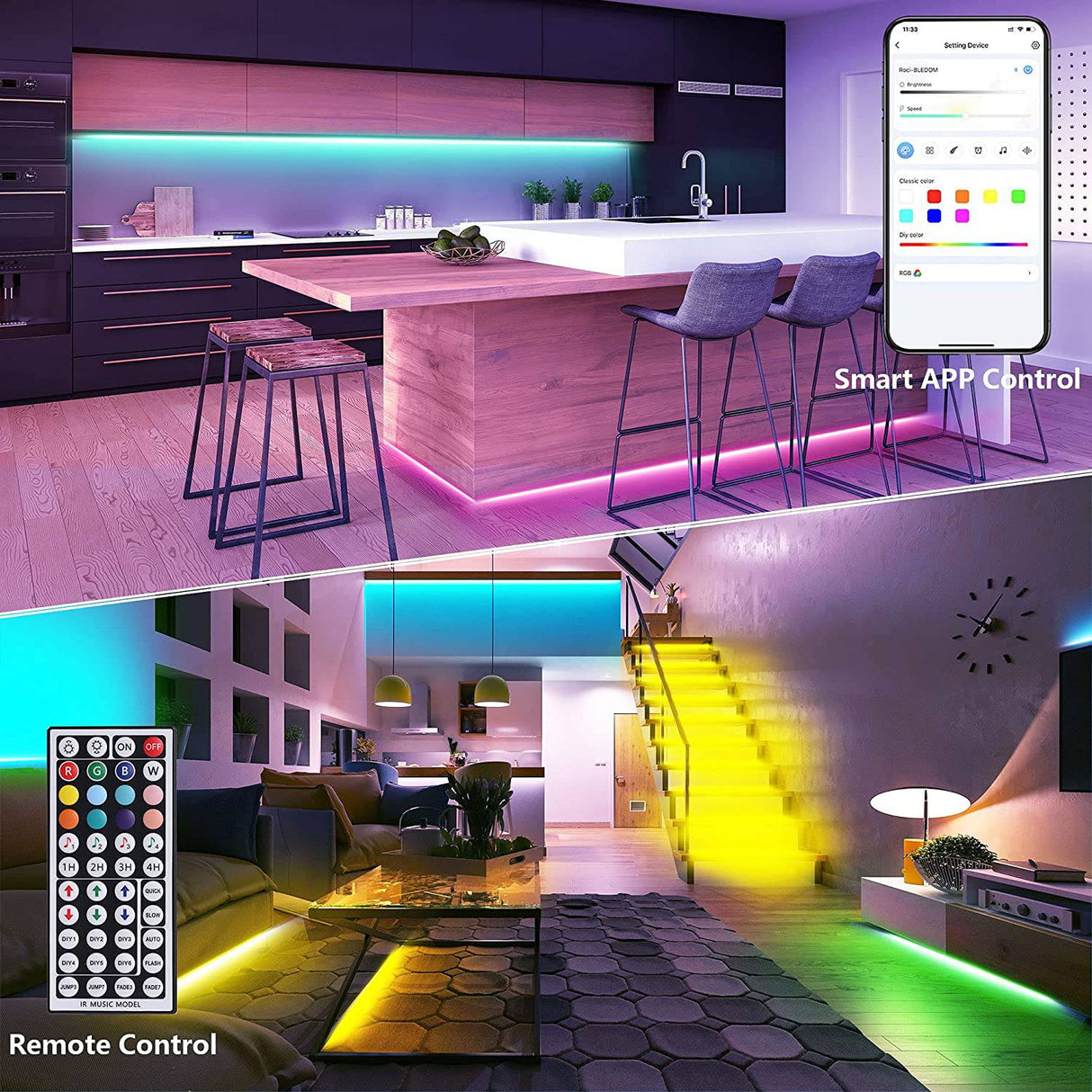 GUSODOR Tira de luces LED de 32.8 pies, luces LED inteligentes para dormitorio, tiras de luz LED que cambian de color, sincronización de música, luces LED RGB con control remoto de aplicación, luces LED - DIGVICE MX