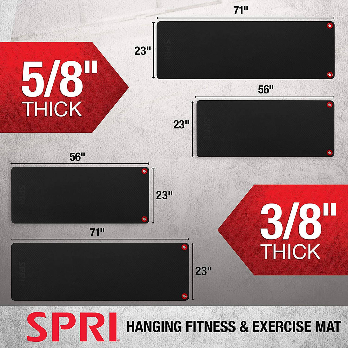 SPRI Colchoneta de ejercicios colgante, colchoneta de fitness y yoga para clases de fitness grupales, calidad de grado comercial con orificios reforzados.   56" L x 23" W x 3/8" (Black)