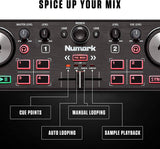 Numark DJ2GO2 Touch - Controlador de DJ USB compacto de 2 decks para Serato DJ con mezclador/crossfader, interfaz de audio y jog wheels táctiles capacitivos