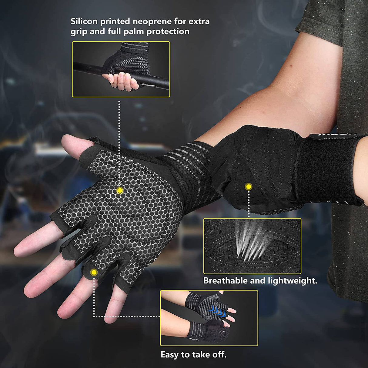 ihuan - Guantes ventilados para levantamiento de pesas, gimnasio, entrenamiento, con muñequera, para hombres y mujeres