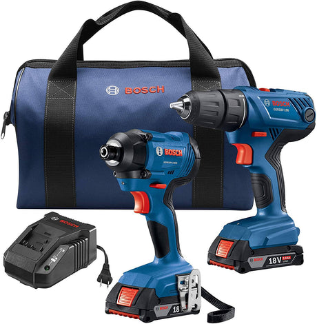Kit combinado de 2 herramientas BOSCH de 18 V con 1/2 pulg. Taladro/atornillador compacto y 1/4 pulg. Atornillador de impacto hexagonal GXL18V-26B22 - DIGVICE MX