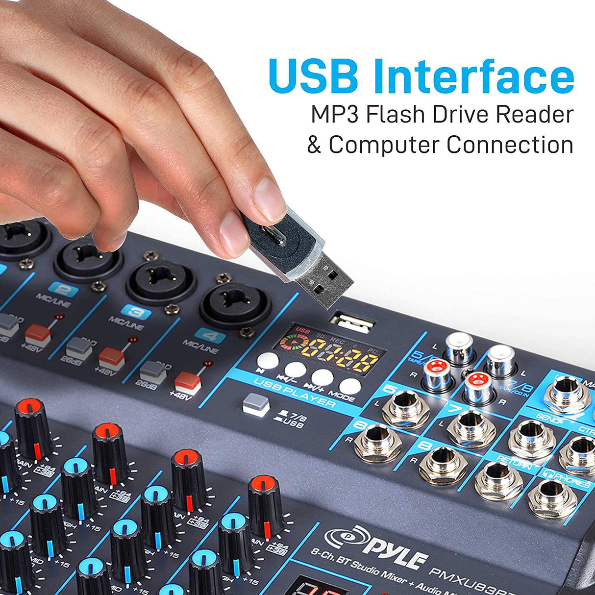 Pyle  - Mezclador de audio profesional Placa de sonido Consola Interfaz 8 canales Digital USB Bluetooth MP3 Entrada de computadora 48V Phantom Power Estéreo DJ Studio FX 16Bit DSP Procesador PMXU83BT