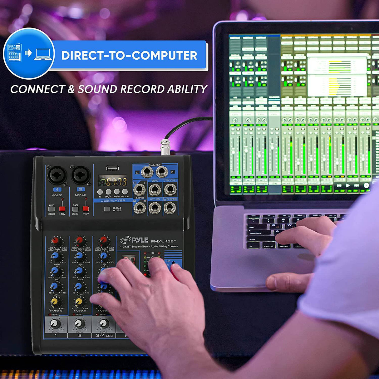 Pyle Mezclador de audio profesional Placa de sonido Interfaz de sistema de consola 4 canales Digital USB Bluetooth MP3 Entrada de computadora 48V Phantom Power Estéreo DJ Studio Streaming FX Procesador DSP de 16 bits-PMXU43BT