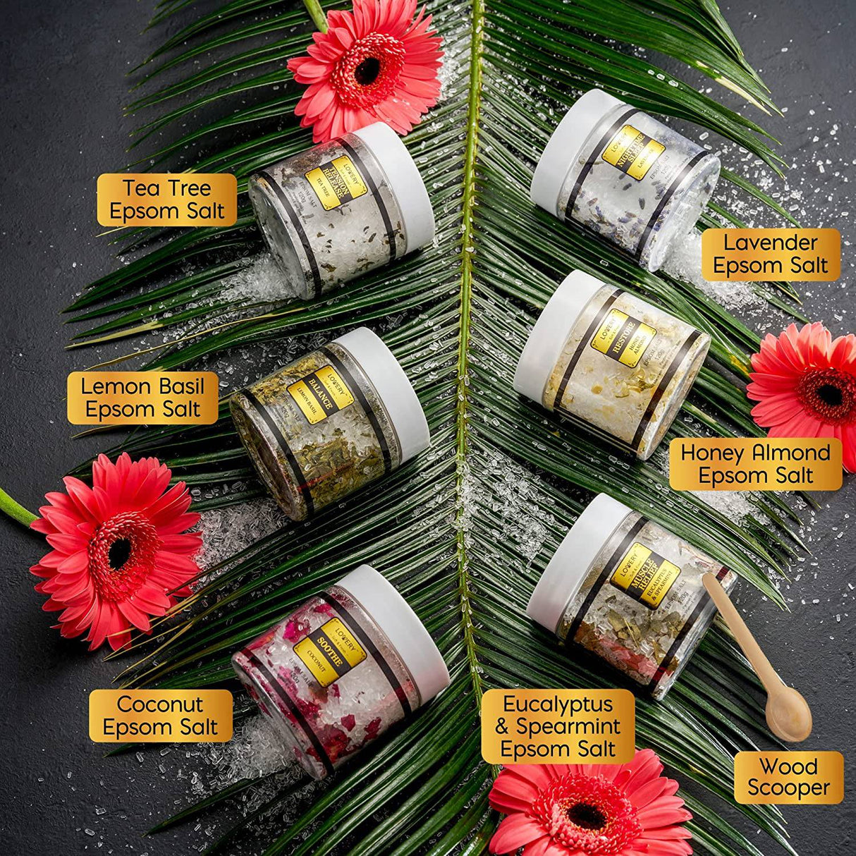 Lovery - Juego de regalo de sales de baño de Epsom, sal de spa relajante con aceites esenciales, baños de burbujas, lavanda, menta verde de eucalipto, albahaca de limón, coco, árbol de té, sal de Epsom de miel y almendras