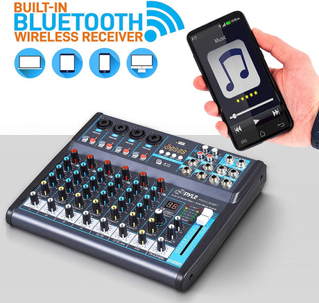 Pyle  - Mezclador de audio profesional Placa de sonido Consola Interfaz 8 canales Digital USB Bluetooth MP3 Entrada de computadora 48V Phantom Power Estéreo DJ Studio FX 16Bit DSP Procesador PMXU83BT