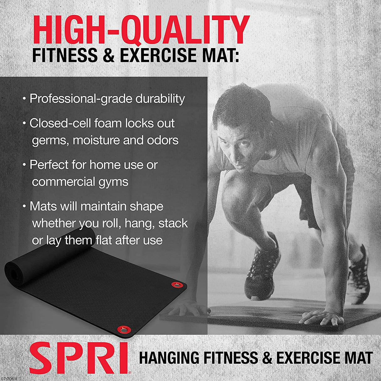 SPRI Colchoneta de ejercicios colgante, colchoneta de fitness y yoga para clases de fitness grupales, calidad de grado comercial con orificios reforzados.   56" L x 23" W x 3/8" (Black)