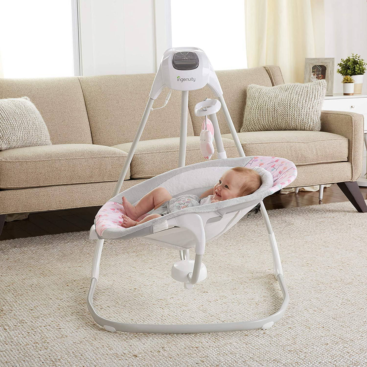 Ingenuity SimpleComfort Columpio para bebé compacto, ligero y multidireccional - 6 velocidades, sonidos de la naturaleza y vibraciones - Cassidy (rosa) - DIGVICE MX