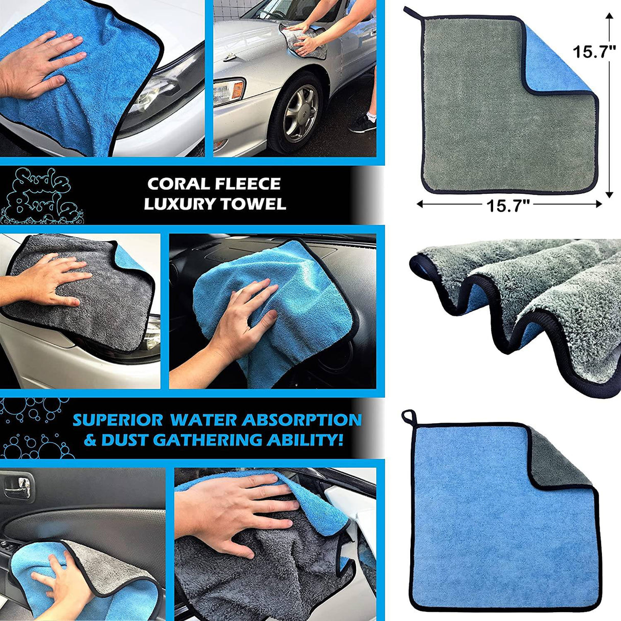 Sudz Budz Premium Kit de lavado de autos de microfibra 8 piezas | Manoplas multiusos para lavado de autos, juego de toallas de microfibra, cepillo para ruedas, juego de cepillos para detalles de autos