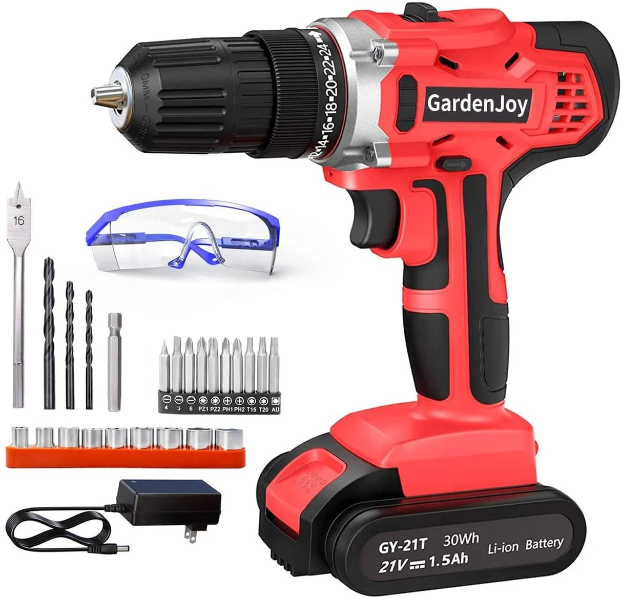 GardenJoy Juego de brocas eléctricas inalámbricas: Taladro eléctrico de 21 V con cargador rápido Portabrocas sin llave de 3/8 pulgadas, 2 velocidades variables 24+1 kit de herramientas eléctricas de ajuste de par y 25 brocas de taladro/destornillador - DIGVICE MX