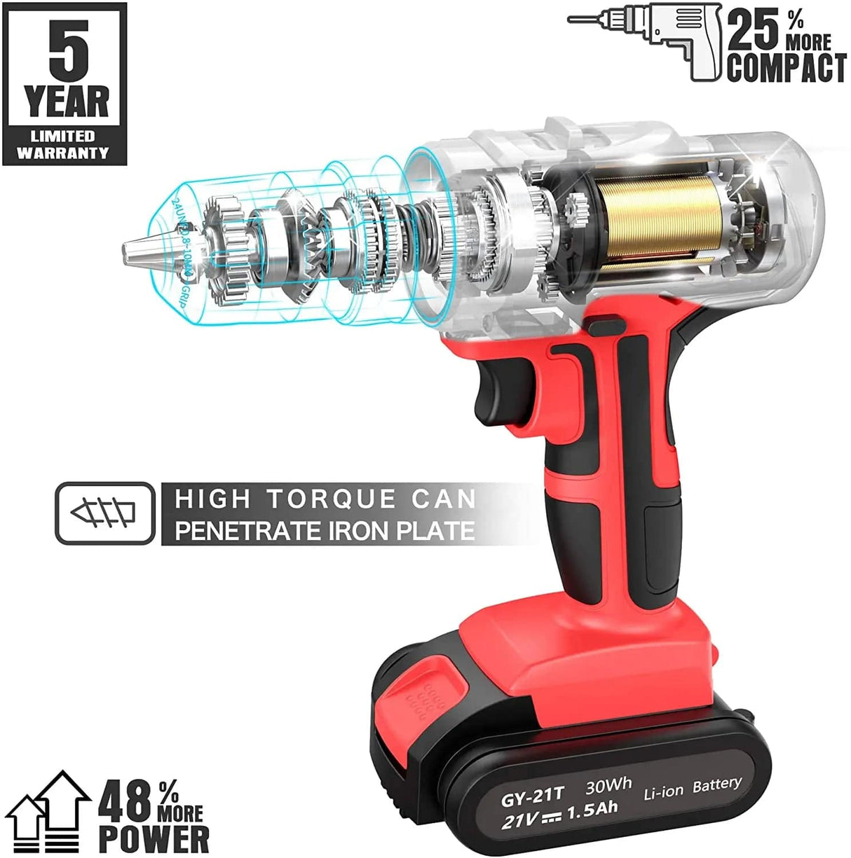 GardenJoy Juego de brocas eléctricas inalámbricas: Taladro eléctrico de 21 V con cargador rápido Portabrocas sin llave de 3/8 pulgadas, 2 velocidades variables 24+1 kit de herramientas eléctricas de ajuste de par y 25 brocas de taladro/destornillador - DIGVICE MX