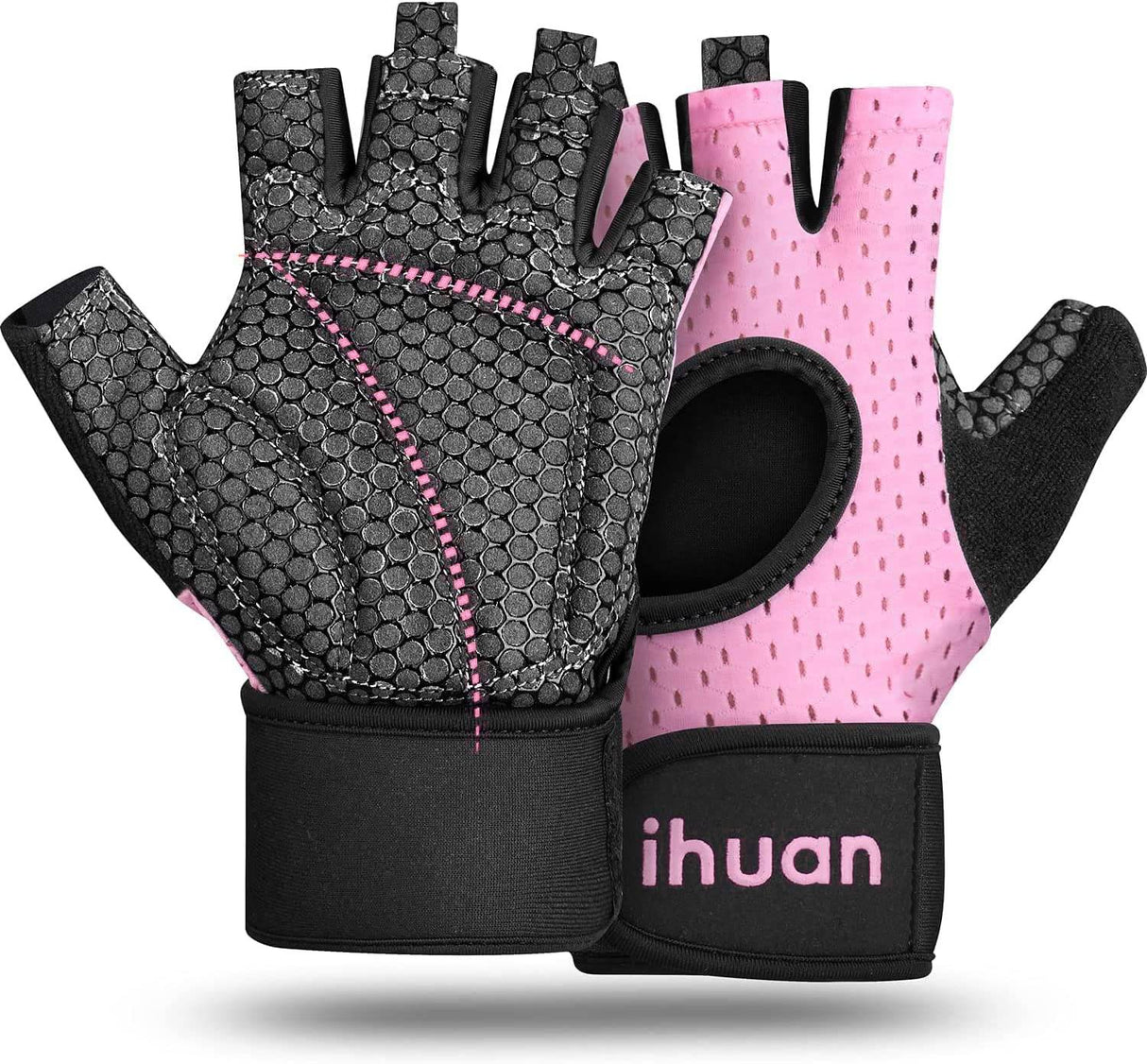 ihuan - Guantes de levantamiento de pesas transpirables: guantes de gimnasio de entrenamiento sin dedos con soporte para muñeca | Mejora la protección de la palma | Agarre adicional