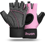 ihuan - Guantes de levantamiento de pesas transpirables: guantes de gimnasio de entrenamiento sin dedos con soporte para muñeca | Mejora la protección de la palma | Agarre adicional