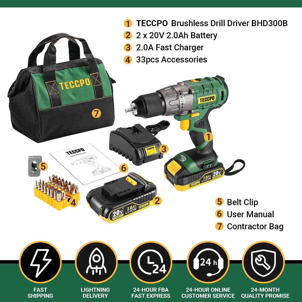 Taladro inalámbrico, sin escobillas 20 V Taladro de 1/2 pulgada, 2 x 2000 mAh baterías, torque de 530 pulgada-libras, 21 + 1 ajuste de torque, cargador rápido 2.0 A, 2 velocidades variables, 33 piezas accesorios. - DIGVICE MX